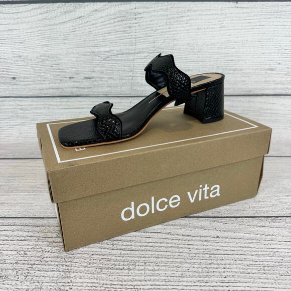 Dolce Vita Women's Black Ilva Mid Slide Embossed Leather Heeled Sandals Size 8.5 - Picture 1 of 10